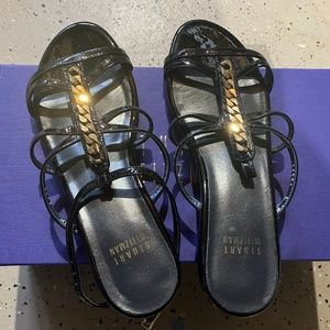 New Stuart Weitzman Black Sandals With Gold Accents